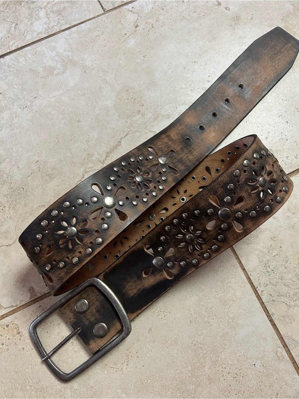 Roper Leather Distressed Brown Studded Floral Belt